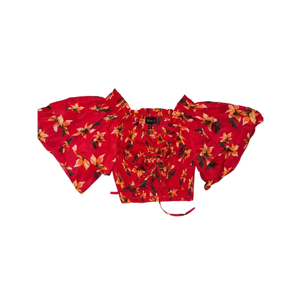 Love Chelsey Red Floral Smocked Crop Top Ruffle Sleeve Large pin up rockabilly‎